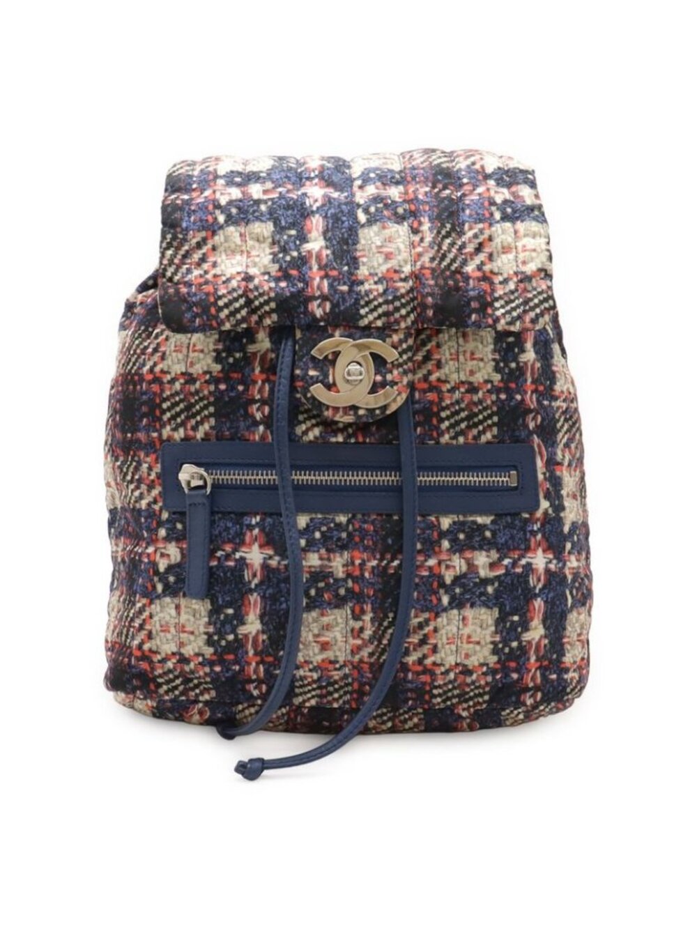 Chanel Tweed Print Chain Shoulder Rucksack Sac Backpack Nylon Blue